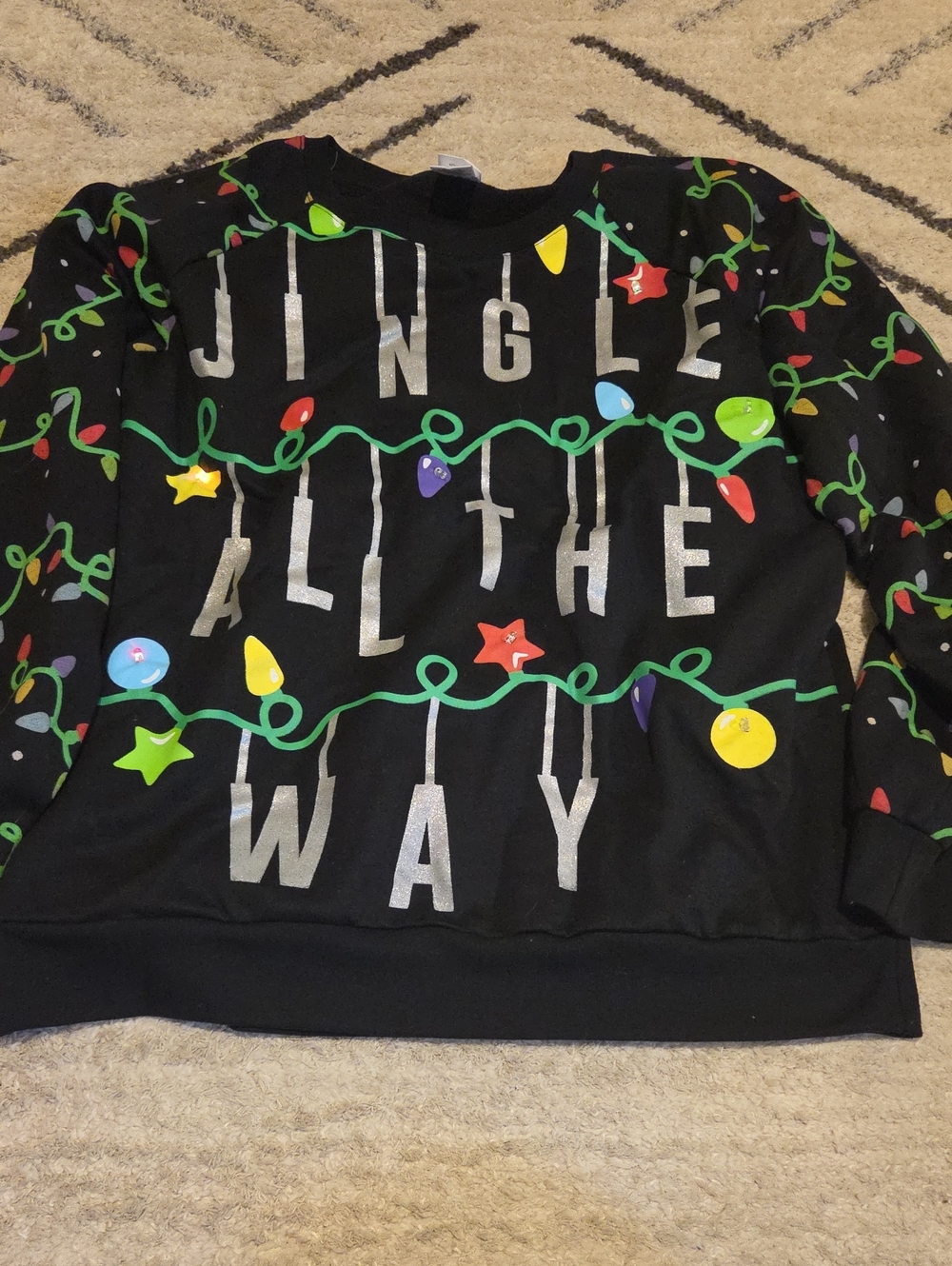 Freeze Black Crewneck Sweater with Silver Text and Multicolored Lights Holiday